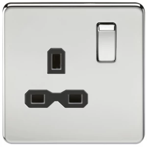 Image of KnightsBridge 1G DP 13A Screwless Polished Chrome 230V UK 3 Pin Switched Electrical Wall Socket - Black Insert