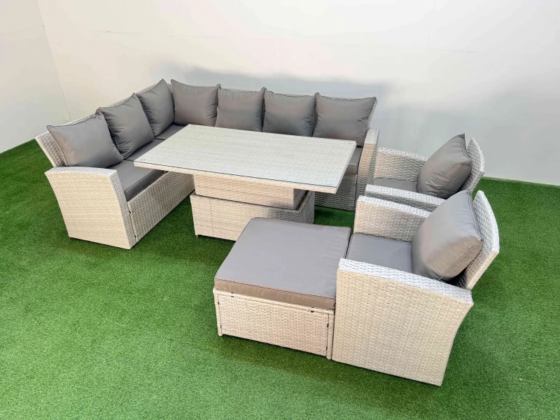 Image of Fimous 9 Seat Garden Furniture Corner Sofa with Big Footstool Light Grey Light Grey Unisex