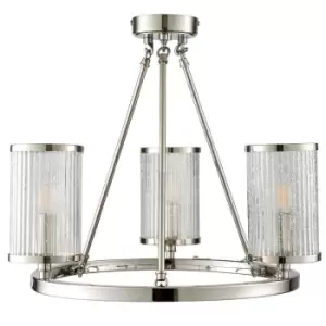 Image of 3 Light Chandelier Pendant Nickel Ribbed Glass Shade Hanging Ceiling Lamp Holder