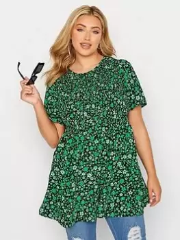 Image of Yours Short Sleeve Shirred Top Green Black Ditsy, Green, Size 26-28, Women