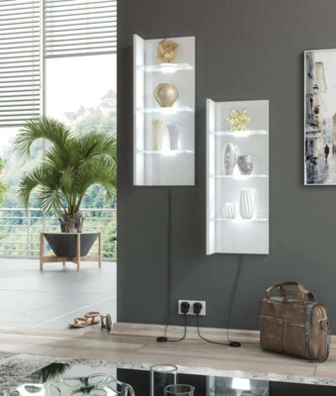 Image of Furneo White Floating Display Cabinet Wall Unit Shelf High Gloss & Matt Clifton 09 White LED Lights