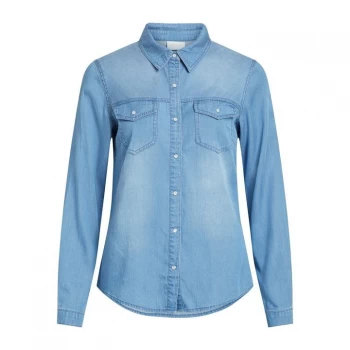 Image of Vila Denim button down fitted shirt - Medium Blue
