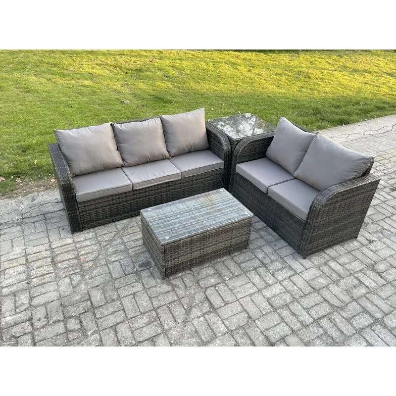 Image of Fimous 5 Seater Rattan Wicker Garden Furniture Patio Conservatory Sofa Set with Rectangular Coffee Table 3 Seater Sofa Love Sofa Side Table Dark Grey