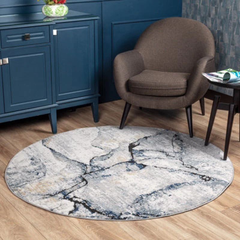 Image of Livabliss Round Abstract Modern Marble Dark Blue Lyna Area Rug 200 X 200 Cm - Easy Care, Non Shedding, Ideal For Living Room & Bedroom