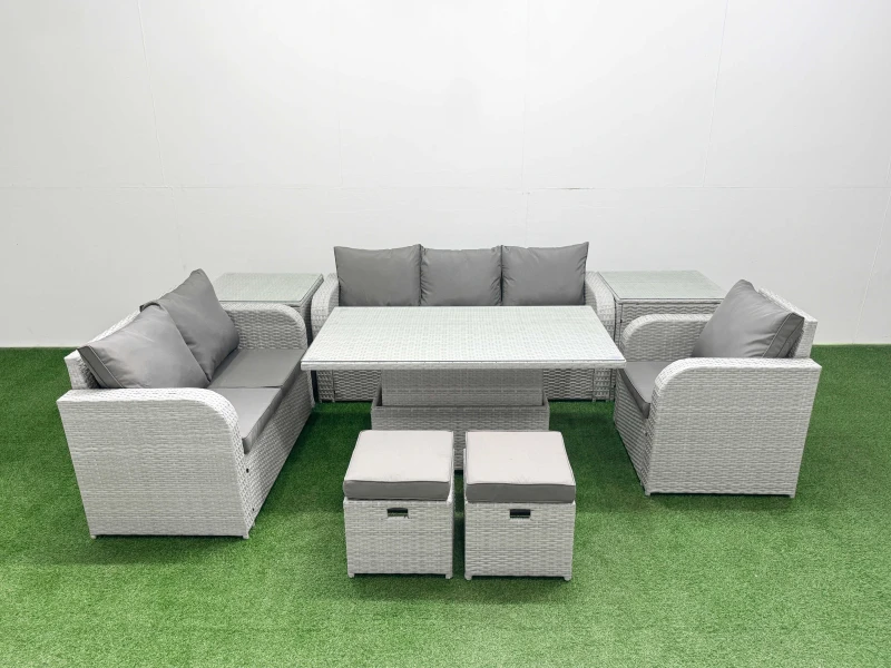 Image of Fimous Patio PE Wicker 8 Seater Outdoor Rattan Furniture Sofa Sets with Adjustable Lifting Dining or Coffee TableStool 2 Side Table Light Grey