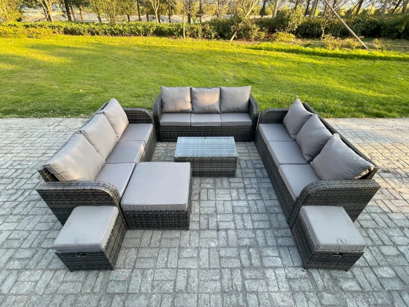 Image of Fimous Rattan Lounge Sofa Set 12 Seater Outdoor Garden Furniture Set with Rectangular Coffee Table 3 Seater Sofa 3 Footstools Dark Grey Mixed Dark Gre