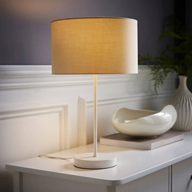 Image of ValueLights Charlie White Metal Single Stem Table Lamp with Fabric Drum Lamp Shade Natural