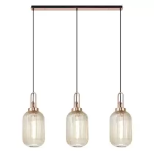 Image of Luminosa Linear 3 Light Pendant E27 With 20cm Tubular Ribbed Glass, Champagne Copper, Matt Black