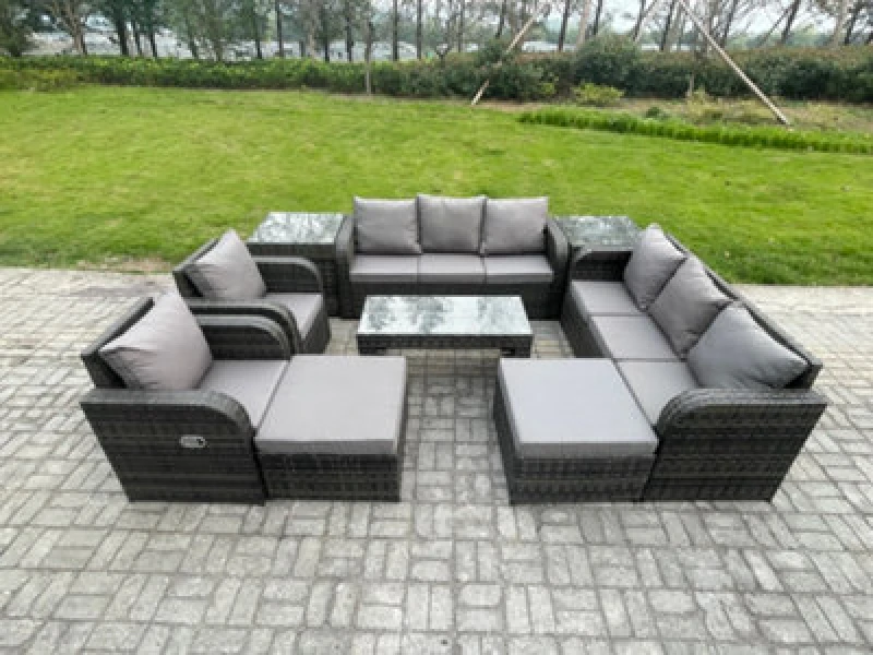 Image of Fimous 10 Seater Wicker PE Rattan Sofa Set Outdoor Patio Garden Furniture Set with Reclining Chairs Coffee Table 2 Side Tables Dark Grey