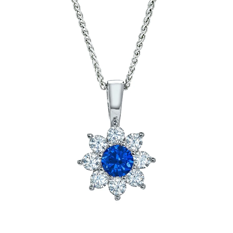 Image of Jewelco London Sterling Silver Blue CZ Classic Royal Cluster Necklace 16>18 inch - RE42104SP Silver female