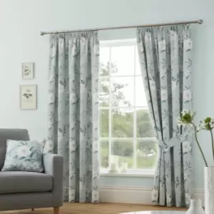 Image of Eve Floral Print 100% Cotton Lined Pencil Pleat Curtains, Duck Egg, 66 x 72" - Dreams&drapes