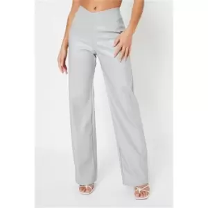 Image of I Saw It First Light Grey Petite Pu V Waist Wide Leg Faux Leather Trousers - Grey