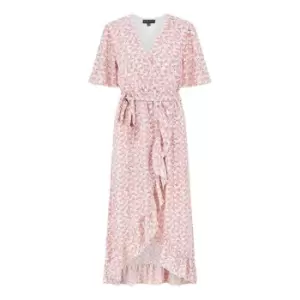 Image of Mela Pink Ditsy Floral Wrap Midi Dress - Pink