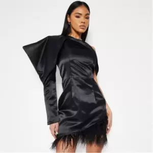 Image of I Saw It First One Shoulder Feather Trim Mini Dress - Black