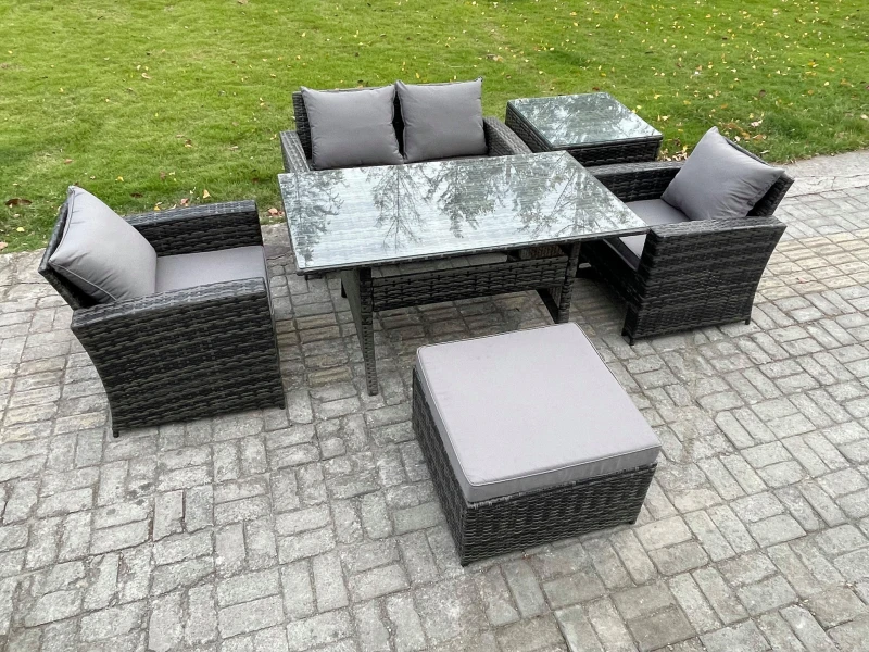 Image of Fimous PE Wicker Outdoor Garden Furniture Set Patio Furniture Rattan Rectangular Dining Table Lounge Sofa in Dark Grey Dark Grey Unisex