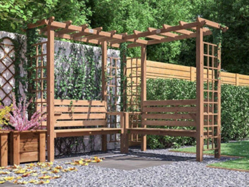Image of Dunster House Wooden Corner Pergola Arch With Bench, Trellis And Mini Table Gerlinde