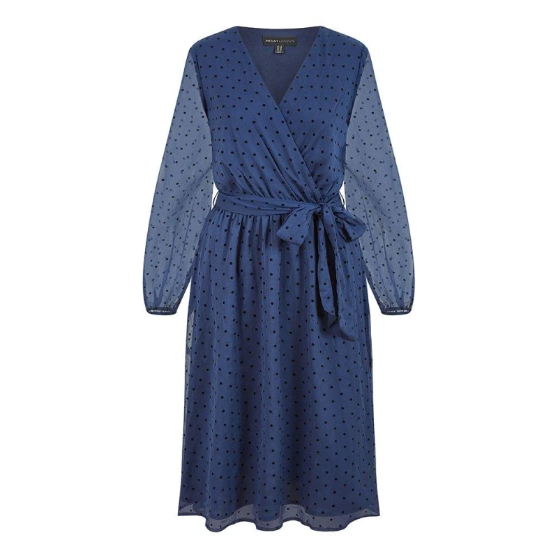 Image of Mela London Mela London Navy Dobby Spot Wrap Over Midi Dress - Blue Blue 8