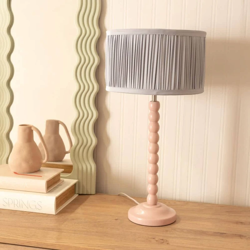 Image of ValueLights ValueLights Bobbins Rose Pink Table Lamp with Ruched Pleated Shade and Bulb in Baby Blue Baby Blue One Size Unisex 5059406057892
