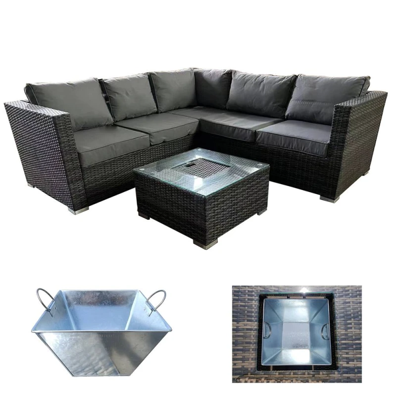 Image of FURNITURE ONE 5 Seater Rattan Patio Corner Sectional Sofa with Ice Bucket Coffee Table Dark Grey