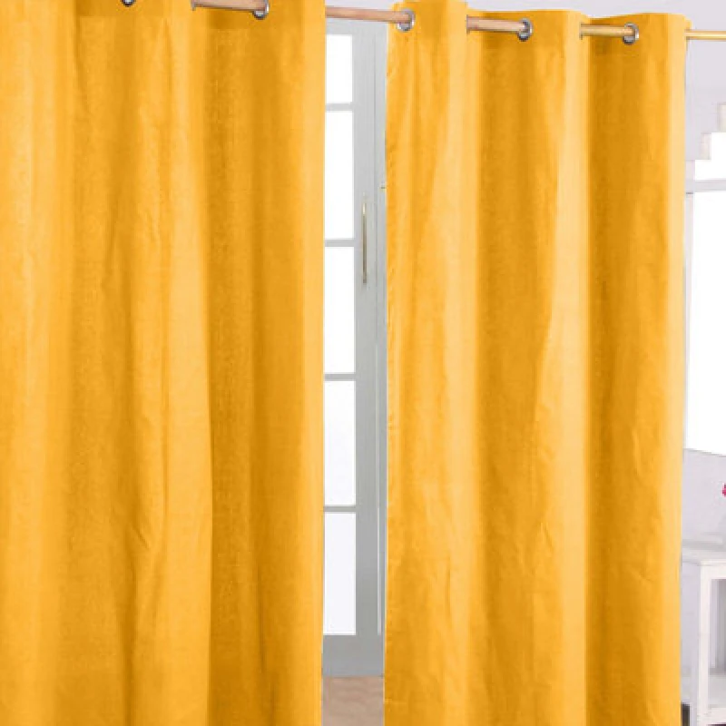 Image of Homescapes Cotton Plain Mustard Yellow Ready Made Eyelet Curtain Pair, 117 X 137Cm