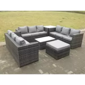 Image of Fimous 9 Seater Outdoor Dark Grey Rattan Lounge Complete Sofa Set with Oblong Coffee Table, Side High Table, and Big Footstool
