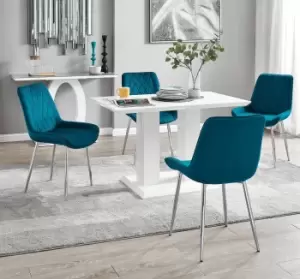Image of Imperia 4 Seater Modern White High Gloss Rectangular Dining Table And 4 Persaro Velvet Chairs