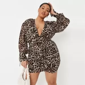 Image of Missguided Ruched Mini Dress Ls Leopard - Brown