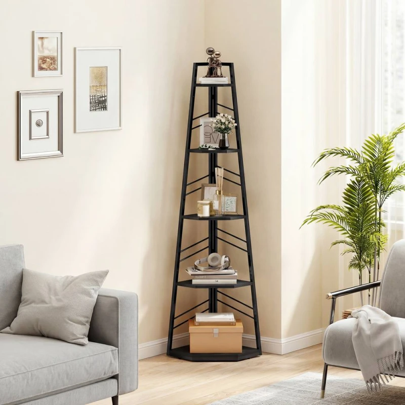 Image of HOMCOM 5-Tier Corner Bookcase, Floor Standing Shelving Unit in Black Unisex