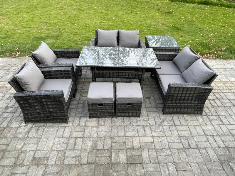 Image of Fimous Rattan Garden Furniture Set 8 Seater Patio Outdoor Lounge Sofa Set with Oblong Dining Table Double Seat Sofa in Dark Grey Dark Grey Unisex