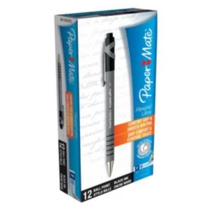 Image of Paper Mate FlexGrip Retractable Black Ballpoint Pen Fine 0.8mm Tip 0.3mm Line Pack of 12 Pens