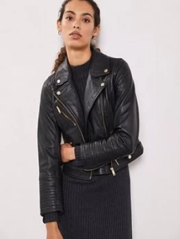 Image of Mint Velvet Stitch Sleeve Detail Leather Biker Jacket - Black