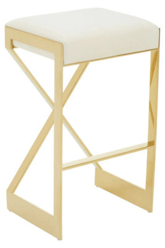 Image of Premier Housewares Interiors By Premier Ivory Velvet Bar Stool, Gold Finish Frame Bar Chair With Footrest, Modern Design Home Stool For Living Area
