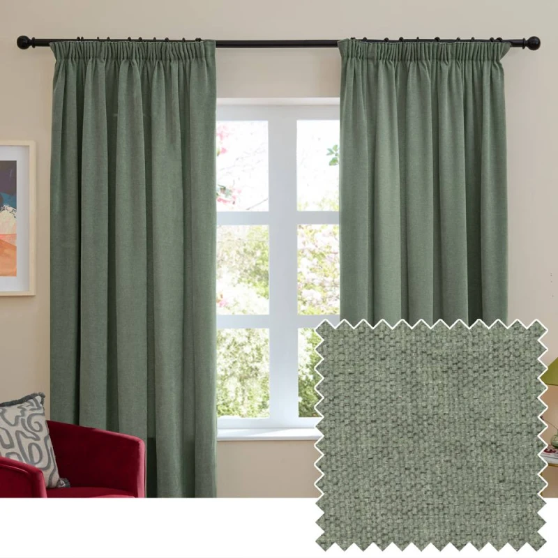 Image of Furn Soft Chenille Blackout Pencil Pleat Curtain Pair in Green Size: 117cm width x 137cm drop Green Unisex 117cm width x 137cm drop