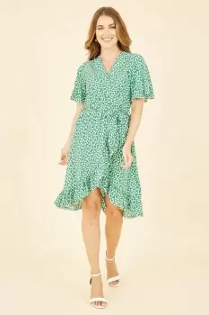 Image of Green Ditsy Floral Frill Wrap Dress