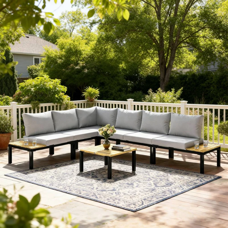 Image of OUTSUNNY Garden Furniture Set, 6 Piece Corner Sofa Set with Coffee Table in Light Grey Light Grey Unisex