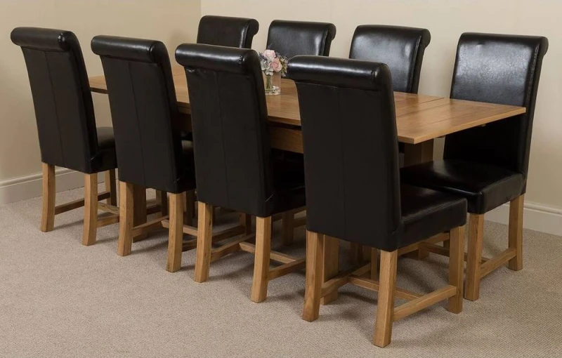 Image of Thats Furniture Richmond 140-220cm Oak Extending Dining Table + 8 Washington Leather Chairs in Black Unisex