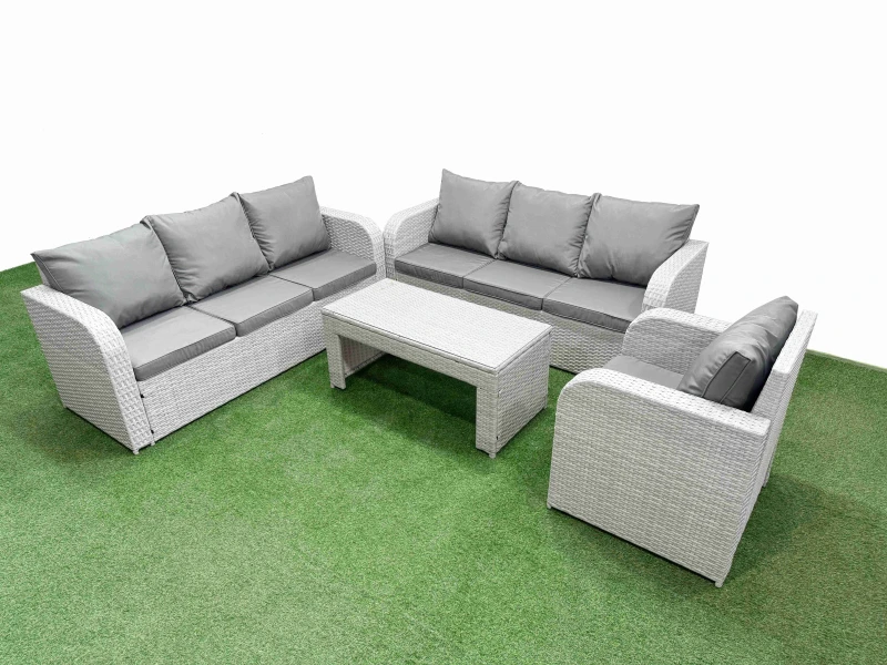Image of Fimous 7 Seater Poly Rattan Outdoor Garden Furniture Oblong Coffee Table Sofa Set Patio 3 Seater Sofa Reclining Chair 3 Seater Sofa Light Grey Light G