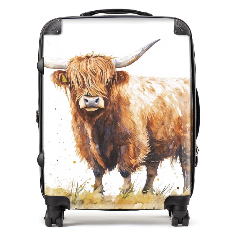 Image of Warren Reed - Designer Watercolour Highland Cow Suitcase in Brown Size: Large Brown Unisex Large