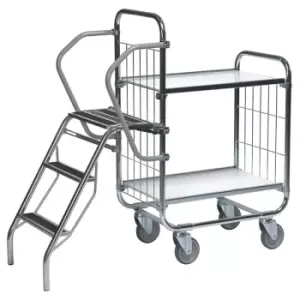 Image of Order picking trolly with fold down steps and 3 shelves