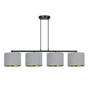 Image of Hilde Black Bar Pendant Ceiling Light with Gray Fabric Shades, 4x E27
