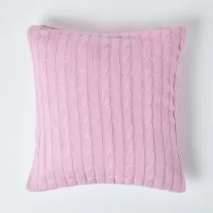 Image of Homescapes - Cotton Cable Knit Pastel Pink Cushion Cover, 45 x 45cm - Pink