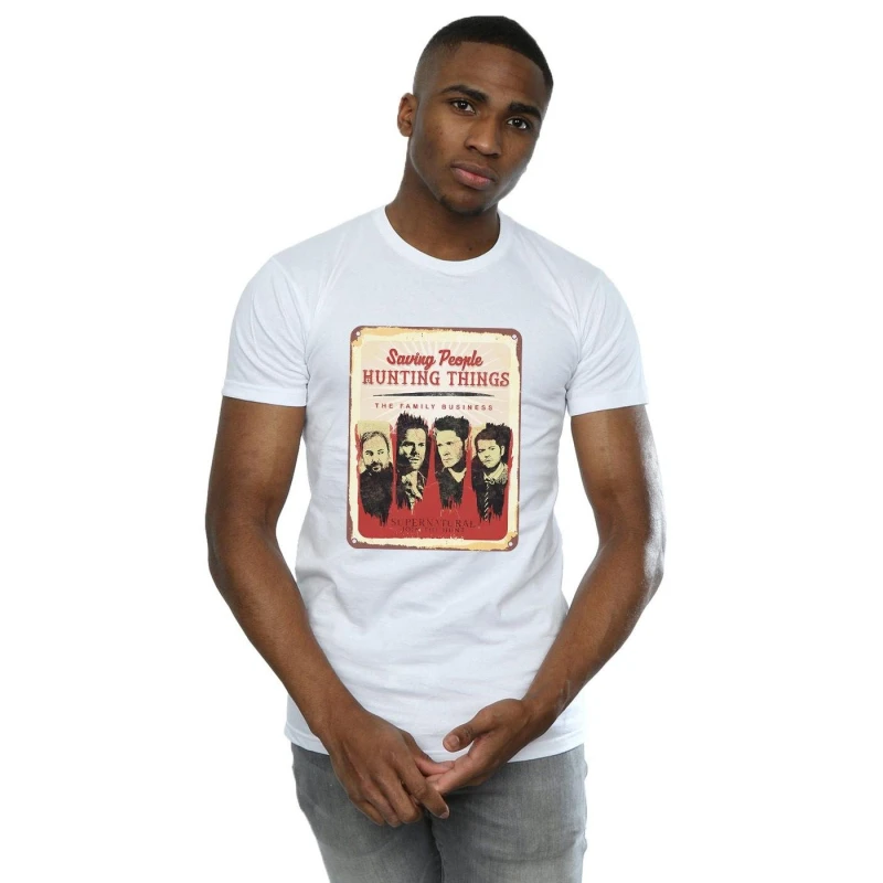 Image of Supernatural Supernatural Men Family Business Sign T-Shirt in White Size: Small White S Male 5057972326879