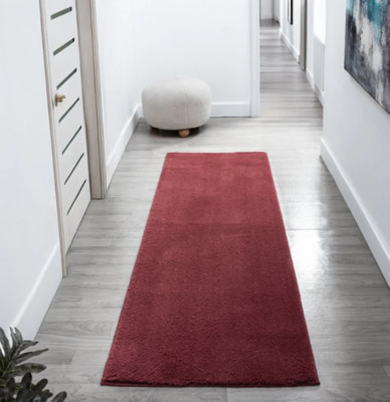 Image of Comfy Washable Low Pile Living Room Area Rug - Anti Slip Felt Backing Red 60Cm X 200Cm