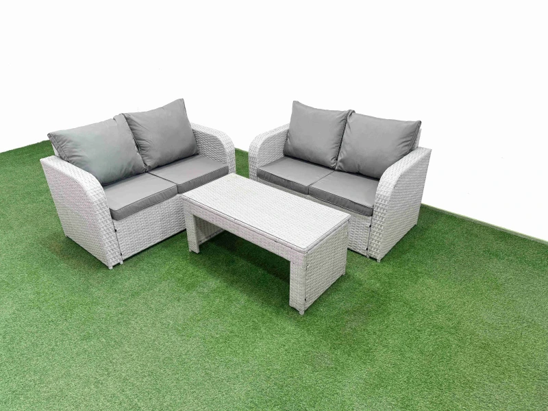 Image of Fimous 4 Seater Outdoor Love Sofa Set Rattan Garden Furniture Set with Oblong Coffee Table Light Grey Light Grey