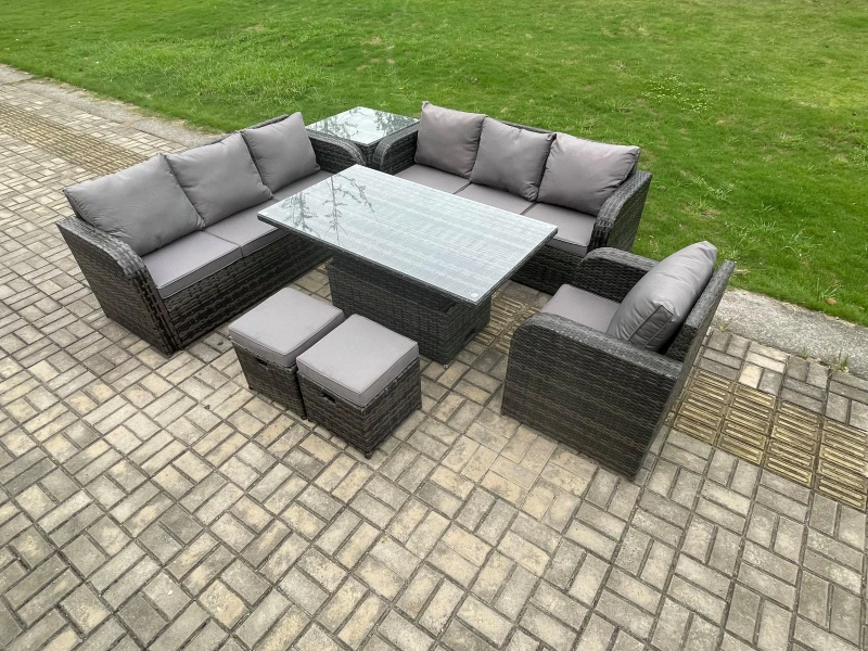 Image of Fimous Outdoor Rattan Garden Furniture Sets Height Adjustable Rising lifting Dining Table Sofa Set with Reclining Chair Side Table Dark Grey unisex