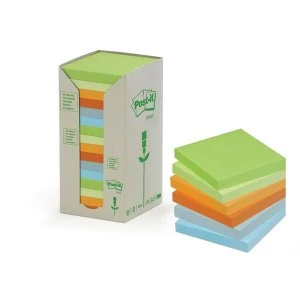 Image of Post it Sticky Notes Recycled Tower Pack Pastel Rainbow Assorted Colours Grass GreenLight GreenBananaMandarinSky BlueLight Blue 16 x 100 Sheets