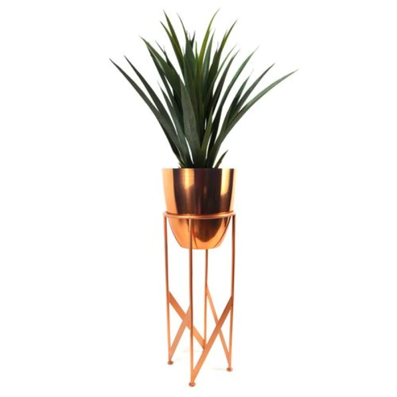 Image of Leaf Artificial Yukka Plant Metal Planter Stand Copper 90cm Tall Realistic Premium Botanik Copper
