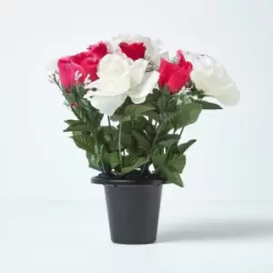 Image of Homescapes - White & Pink Grave Artificial Flowers Roses & Rosebuds Mix in Grave Vase - Pink - Pink
