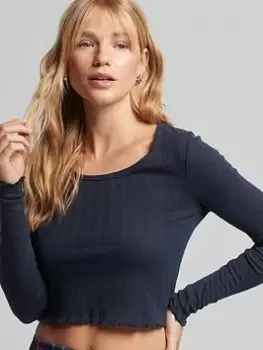 Image of Superdry Vintage Pointelle Crop Top - Eclipse Navy, Blue, Size 8, Women