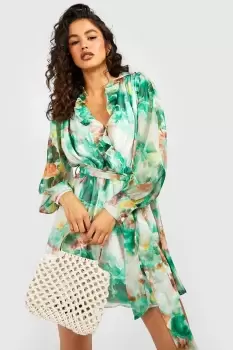 Image of Frill Detail Belted Printed Skater Dress